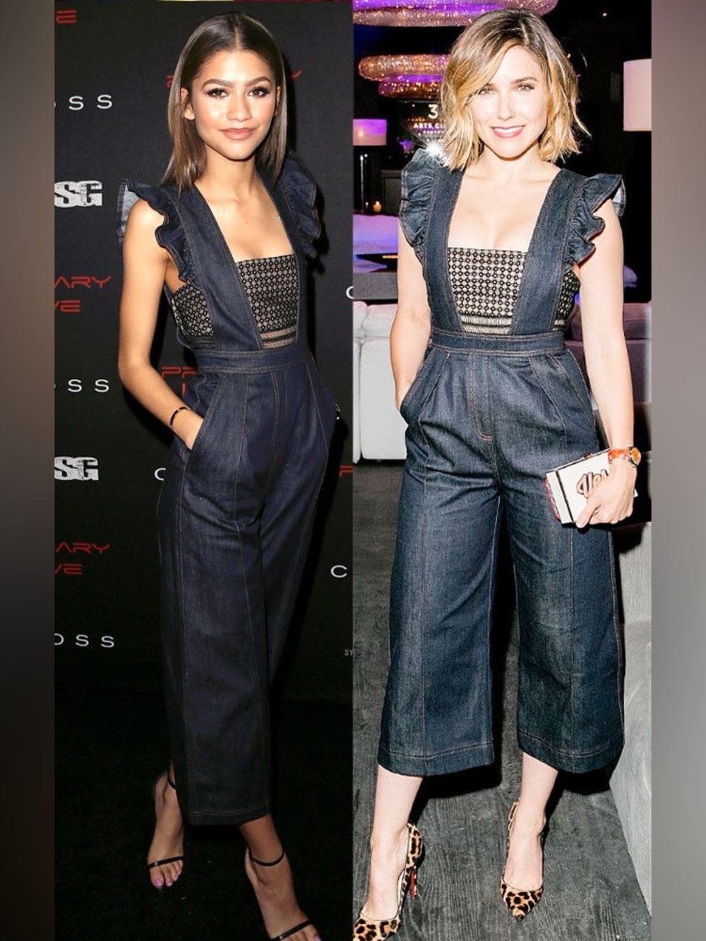 Self Portrait Navy Blue Denim & Lace Ruffle Sleeve Wide Leg Jumpsuit XS